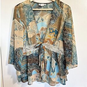 Vintage Y2k Boho Paisley Sheer Lace Trim Tie Front Tiered Blouse Blue Tan 90'S
